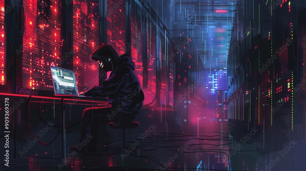 Poster a hacker works intently on a laptop in a dimly lit server room filled with pulsating lights and data