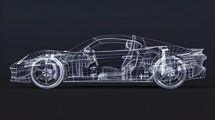 Detailed blueprint of a high-tech sports car with intricate internal components and futuristic...