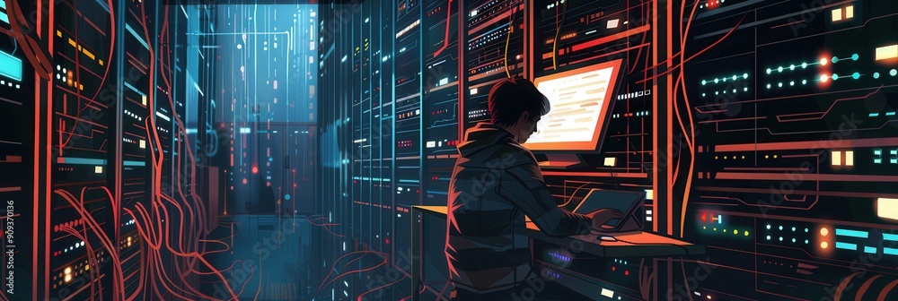Poster a skilled hacker types on a laptop in a dimly lit data center, surrounded by glowing servers and com