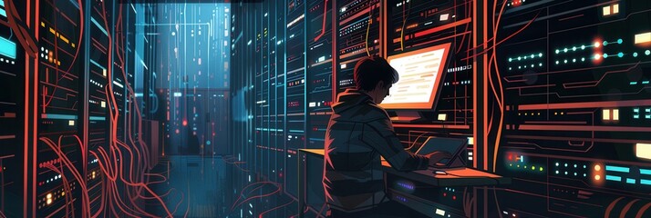 A skilled hacker types on a laptop in a dimly lit data center, surrounded by glowing servers and complex network setups, focused on their digital task. Generative AI
