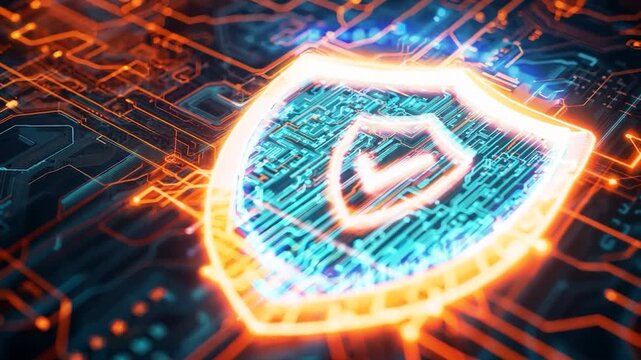 A glowing digital shield symbol emerges from intricate circuitry, representing cybersecurity and data protection in a futuristic setting