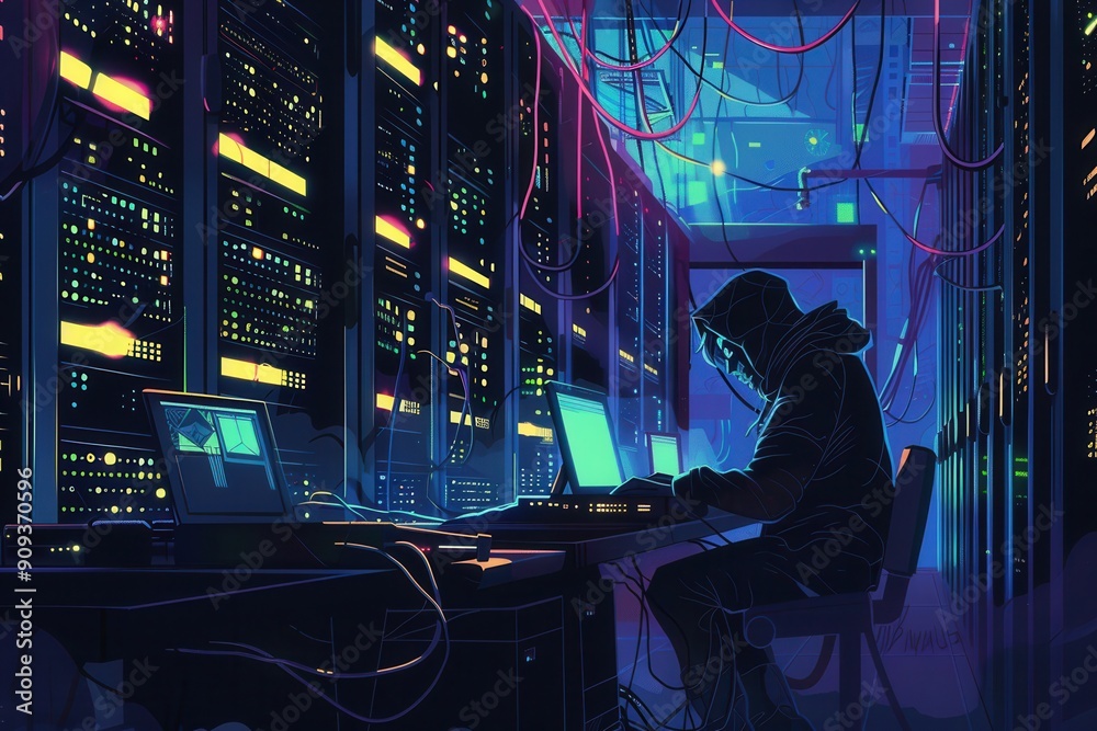 Leinwandbilder a hacker works intently on multiple screens in a dark server room filled with buzzing equipment and 