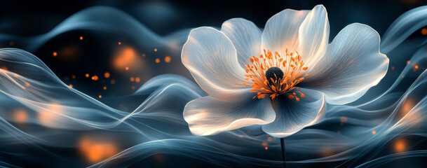 A white and black flower with cream petals on a flowing flowers abstract art background in the style of ultra-high definition, with an elegant composition, delicate texture