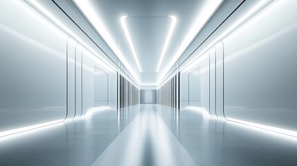 A futuristic corridor with bright lighting and a sleek, minimalist design. Perfect for conveying a sense of progress, technology or innovation