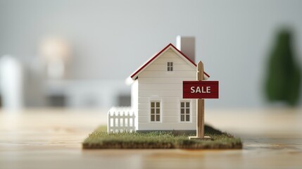 Foreclosed house with 'For Sale' sign, real estate crisis, property loss, 3D model house, economic downturn 