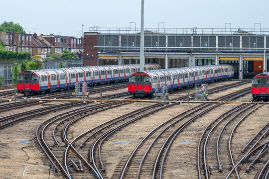 View of  Piccadilly Line trains stabled at Northfields Depot
