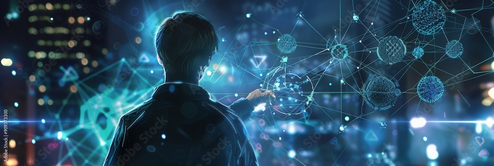 Fototapete a hacker explores intricate data networks while overlooking a vibrant cityscape at night, immersed i