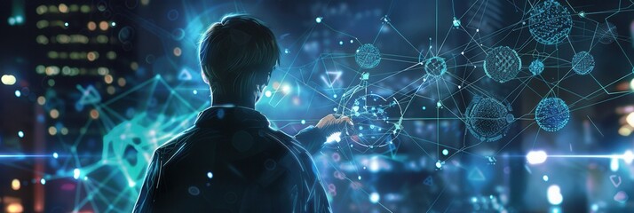 A hacker explores intricate data networks while overlooking a vibrant cityscape at night, immersed in a world of technology and information flow. Generative AI