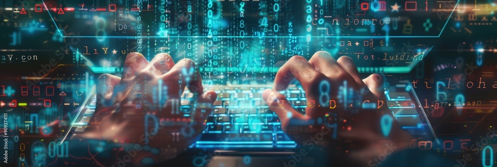 Poster a hacker types rapidly on a keyboard, surrounded by glowing digital codes and symbols that convey th