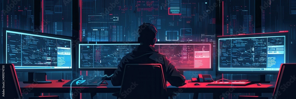 Poster A hacker focuses intently on multiple glowing screens, surrounded by data, in a dimly lit room, immersed in an intense technological environment. Generative AI