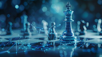 Futuristic chess king with blue neon lights on a digital chessboard