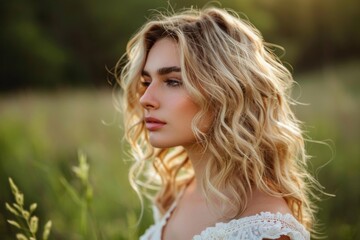 Naklejka premium Beautiful young woman with long blonde curly hair enjoying the sunset in a field