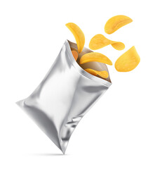 Metallic packaging with crispy potato chips flying out of the bag. Pack mockup for snack food refreshment. Isolated. PNG Illustration.