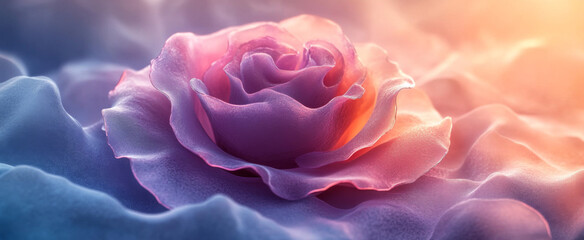 purple and blue gradient background with abstract shapes, a purple rose shape in the foreground, close-up view, minimalist style, 3d rendered in the style of minimalism.
