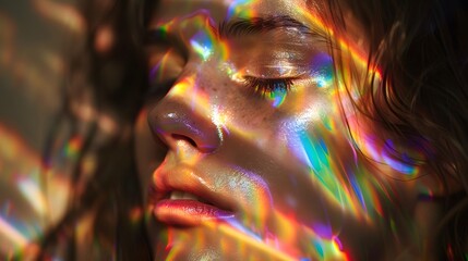 Artistic closeup of woman's face with colorful light projections creating an ethereal effect