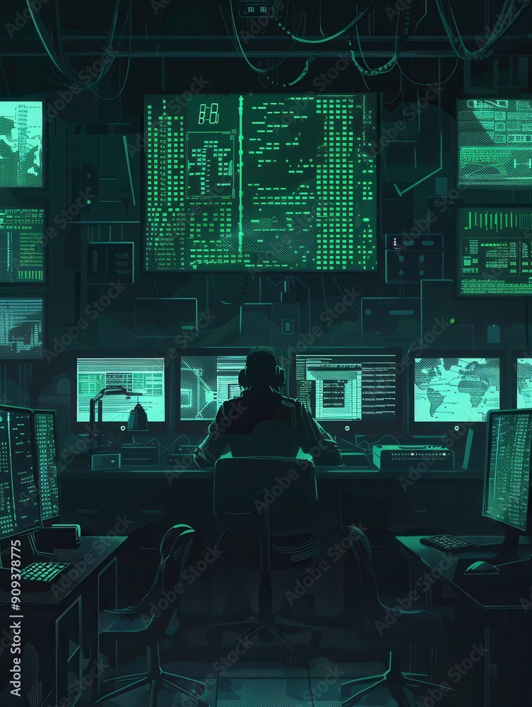Poster A hacker sits at a desk in a dark room, focused on several computer screens displaying complex data and code, fully immersed in the digital world. Generative AI