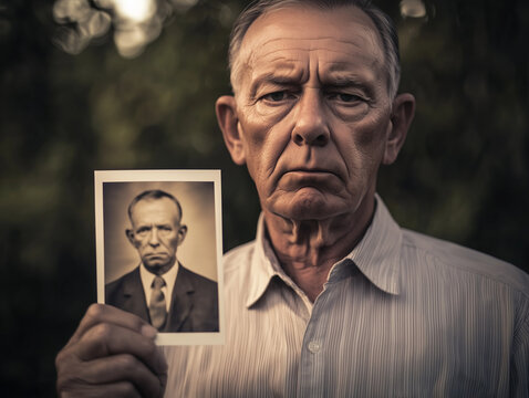 A middle-aged man holding a photo of his father at the same age, contemplating lineage and legacy