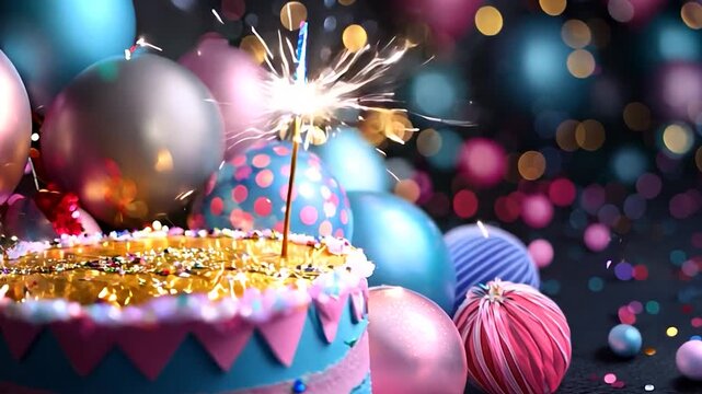 A celebratory birthday cake adorned with bright colors and sparklers stands beside various colorful balloons at a joyful party gathering
