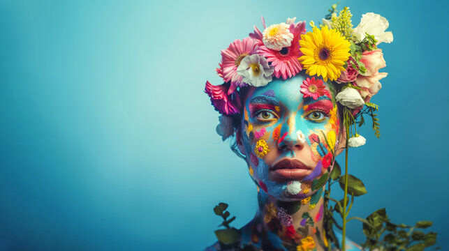 Portrait of a beautiful young and confident girl whose face and head are covered with fresh blooming flowers, on a simple monochrome background, with warm, gentle colors