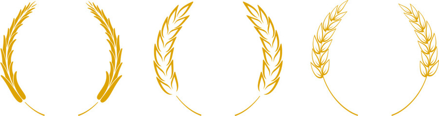 Vector graphic of golden wheat wreaths with different designs. Perfect for certificates, award designs, and agricultural-themed projects.