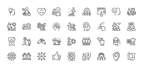 Auction, Clean hands and Employees wealth line icons pack. AI, Question and Answer, Map pin icons. Like hand, Chef, Head web icon. Swipe up, Teamwork, Video conference pictogram. Vector