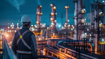 Construction worker in reflective gear overseeing an industrial plant at night