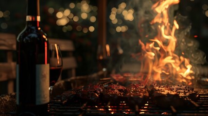 A flaming grill at an outdoor party with a bottle of wine and a glass beside it