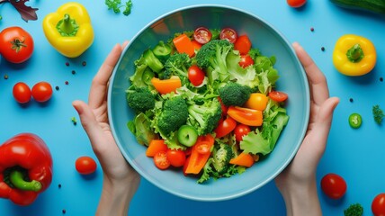 A person mixing a colorful salad with broccoli, cherry tomatoes