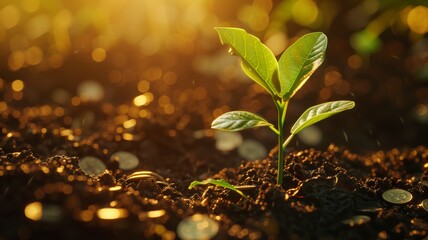 A small plant sprouting from a stack of coins, representing growth and investment