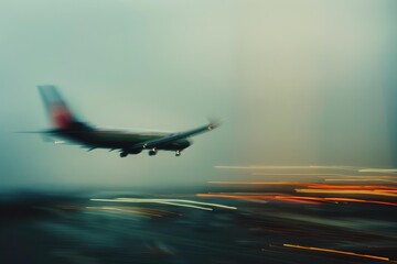 Blurred passenger airplane flying low over the ground at dusk with blurred lights in the background