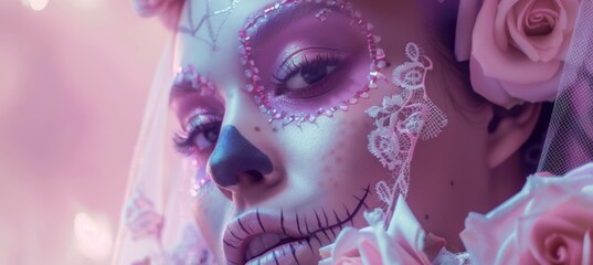 An enchanting image featuring a bride surrounded by pink roses, set against a dreamy, pastel background, exuding love and romance.