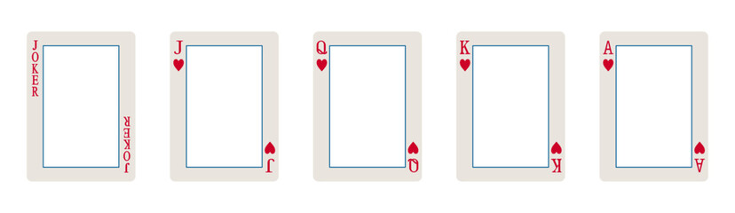 Set of high value hearts playing cards frames or borders including jack, queen, king, ace and joker in vector