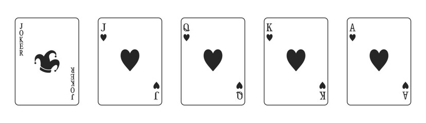 Set of high value hearts playing cards including jack, queen, king, ace and joker in vector outline