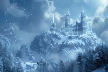 enchanted ice castle perched atop a snowcovered mountain surrounded by a mystical winter forest crystalline spires glisten in the moonlight creating a magical fairy tale atmosphere