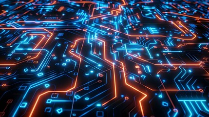 Abstract futuristic data flow circuit board with glowing blue and orange lines and microchip connections