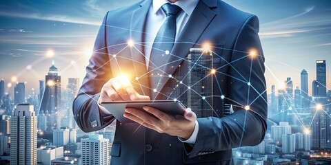 Hombre de negocios con tablet en oficina corporativa futurista y elegante
