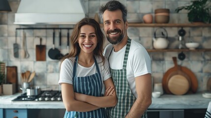 Fototapeta premium Couple demonstrating teamwork for upgrading the kitchen floor