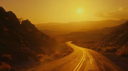 Desert road with cacti and mountains in the distance