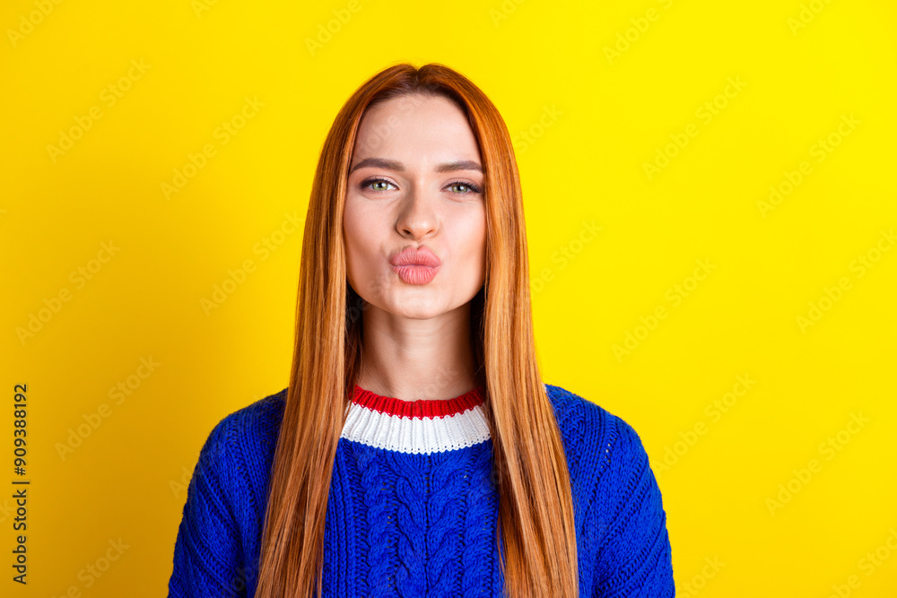 Canvas Prints photo portrait of pretty young girl kissing girlfriend pouted lips wear trendy blue knitwear outfit 