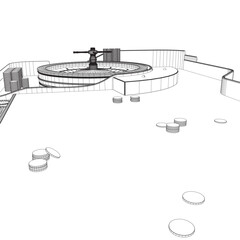 Fototapeta premium Outline Casino roulette wheel with casino chips on table. View from above. Vector illustration.