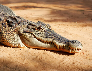 close up view of  a large crocodile lying motionless on sandy soil 