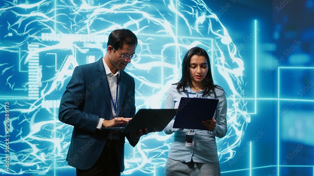 Poster ai researcher and coworker working with artificial intelligence neural networks. computer scientists