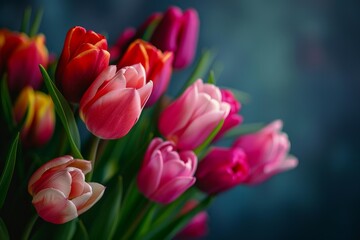 Fototapeta premium Vibrant bouquet of tulips is bursting with color against a blue background