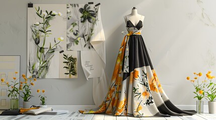 Artistic dress design with flower patterns and creative studio elements