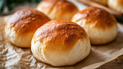 Freshly baked golden brown bread rolls on parchment paper in a rustic setting, close-up view. Artisan baking and homemade bread concept