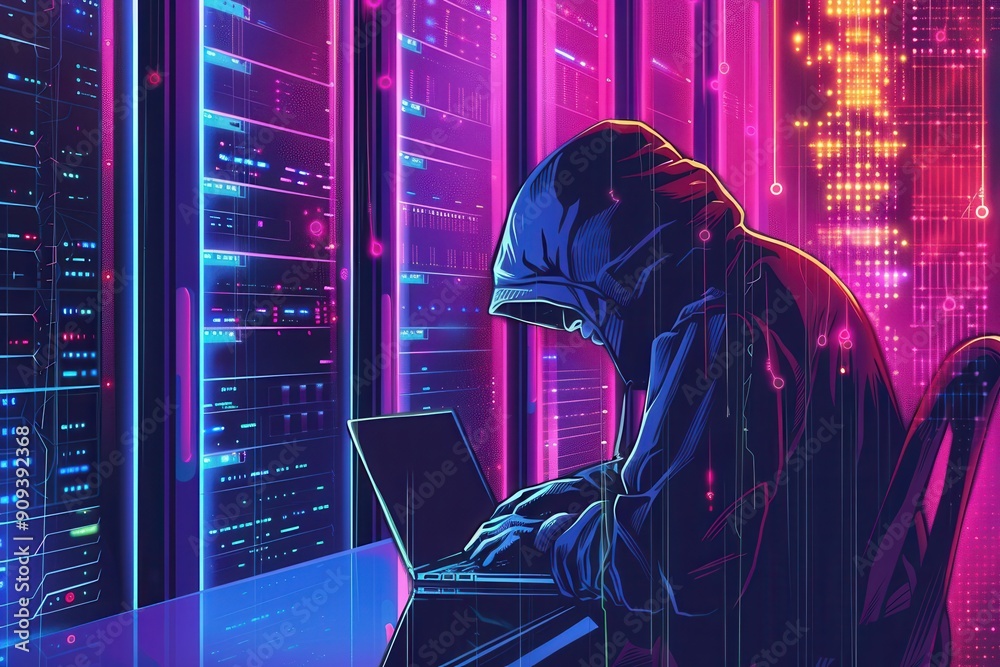 Aufkleber a figure in a hooded sweatshirt types on a laptop, surrounded by glowing server racks in a dimly lit
