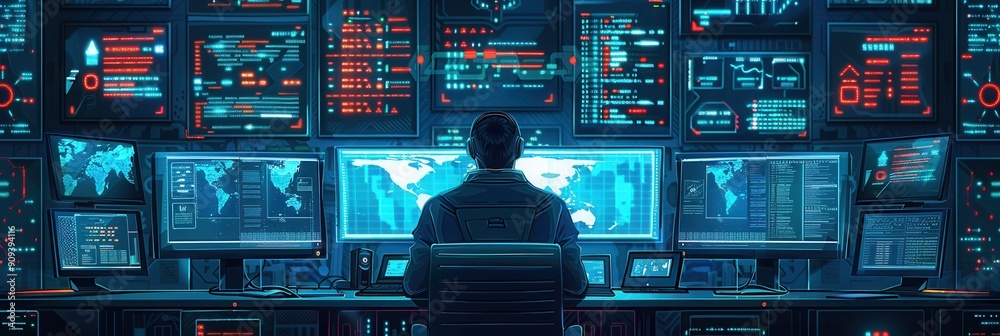 Poster A skilled hacker analyzes data on multiple glowing screens in a darkened room, focusing on cyber activities and network security. Generative AI