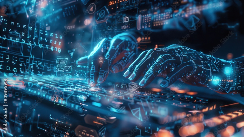 Poster A hacker's hands are focused on typing code on a keyboard while digital symbols and codes overlay the view in a tech-centric atmosphere. Generative AI