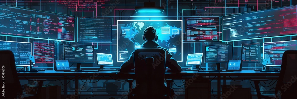 Aufkleber A hacker focused intently on multiple computer screens in a dimly lit room, immersed in coding and data analysis. Generative AI