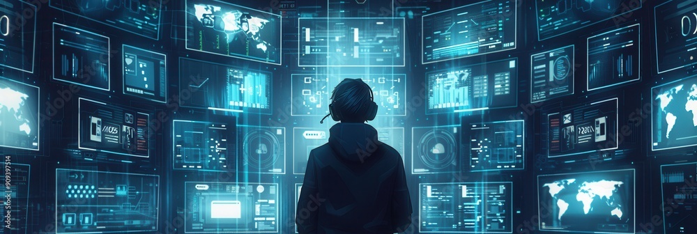 Poster a hacker studies digital displays filled with data while wearing a headset in a futuristic environme